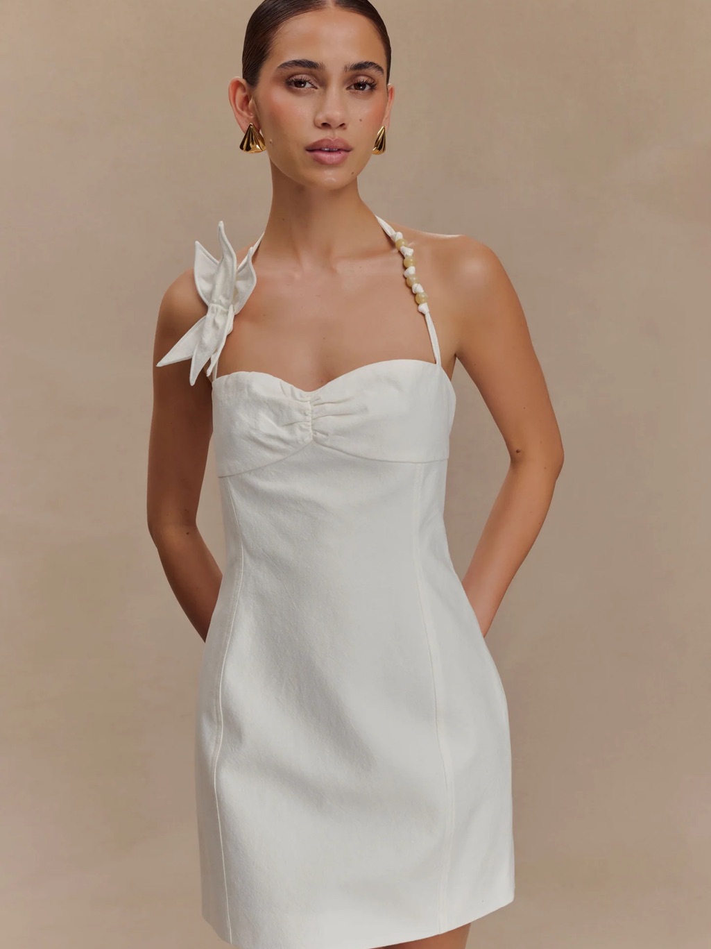 Meshki Reyes Floral Mini Dress Xs White | Halter Bridal Cottagecore Wedding Chic
